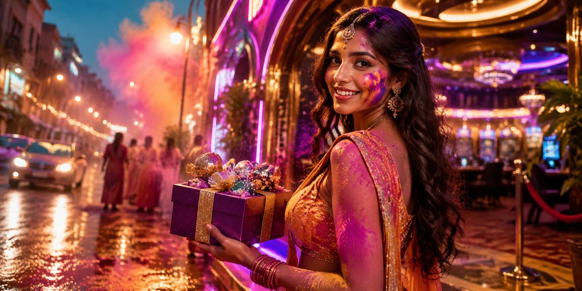 User making deposit using mobile payment apps in Mumbai during Holi festival